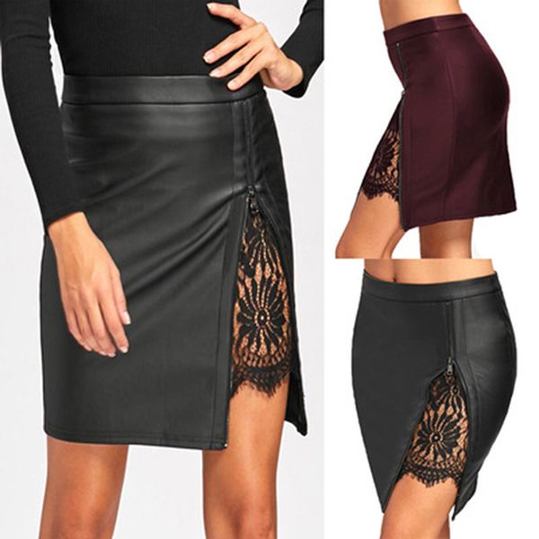 

pu leather women lace skirt slim high waist women skirt tight pocket preppy short mini women's skirts, Black