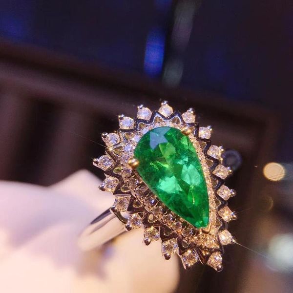 

100% natural 0.9 pear cut emerald wedding anniversary ring pendant dual use with nautral diamond 14k white gold, Golden;silver