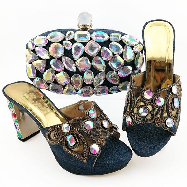 

d.blue women dress shoes with big colorful crystal decoration african pumps match handbag set qsl007,heel 9cm