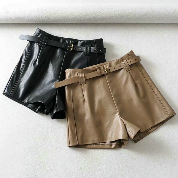 

pu leather shorts women's high waist faux leather skirt shorts female autumn winter black belt wide leg ladies casual xl, White;black