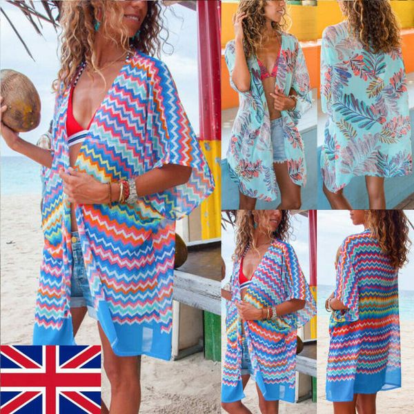 

womens summer beach wear bikini cover up kaftan swimsuit long fashion female ladies chiffon sun dress uk, Blue;gray