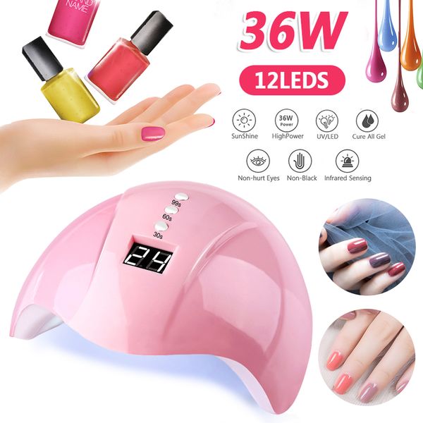 

nail dryers pink 36w uv lamp led dryer induction 30s/60s/90s smart gel polish curing dropship