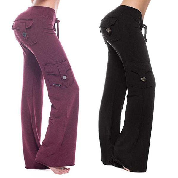 

2020 new women yoga pants gym pocket wide leg pants sports boot cut trousers running sweatpants casual, White;red
