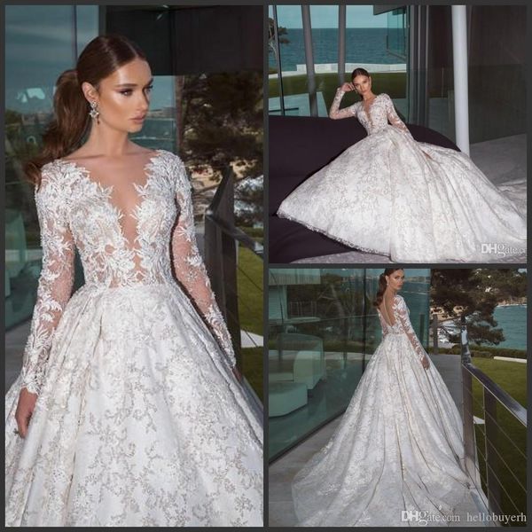 

crystal design 2019 a line wedding dresses long sleeve sheer v neck lace appliqued beads wedding dress bridal gown country boho plus size, White