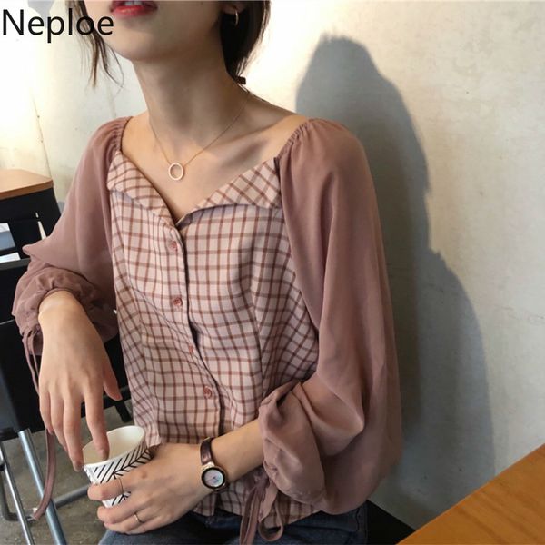 

neploe korean summer women shirt lantern sleeved chiffon blouse elegant v-neck patchwork pink plaid ladies blusas 39182, White