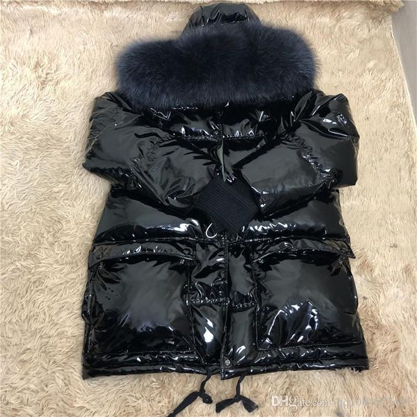 

winter fashion new hooded raccoon fur collar patent leather shiny skin lady down jacket size s, Black