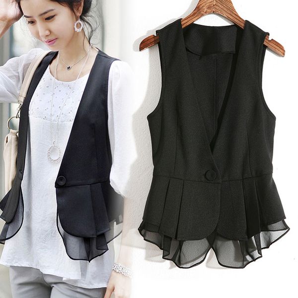 

spring autumn girl short design black v-neck suit vest women's thin chiffon waistcoat office lady basic chiffon weskit m-4xl, Black;white