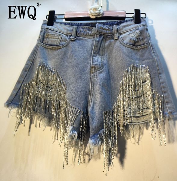 

[ewq] 2020 spring summer 2020 wear heavy tassels nail diamond beads high all-match thin waist cowboy shorts women ae32305 y200623, White;black