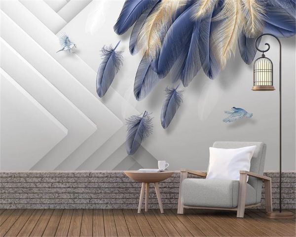 

custom luxury 3d wallpaper modern fashion light luxury hand painted golden blue feather three-dimensional silk mural wallpaper