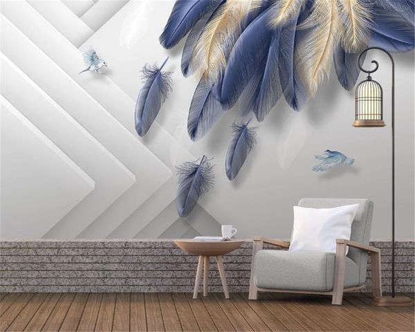 Personalizado luxo 3d papel de parede moderno luz moda luz mão pintada de ouro azul pena tridimensional silk wallpaper