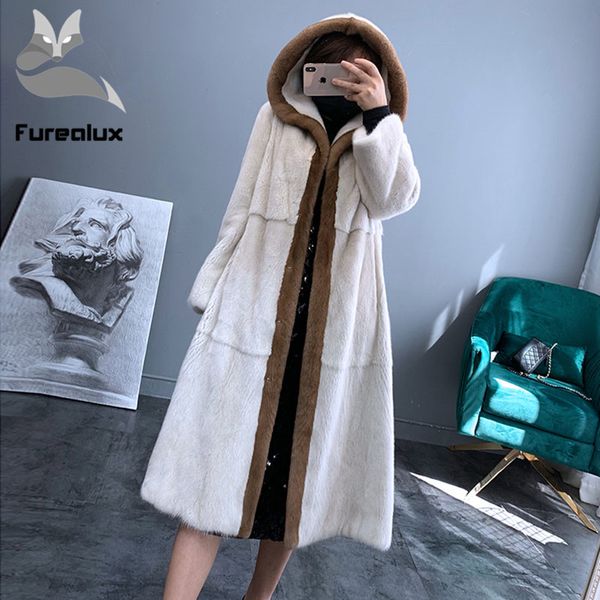 

luxury fashion women long coat with hood full pelt genuine jacket winter woman outwear natural fur coats 2019, Black