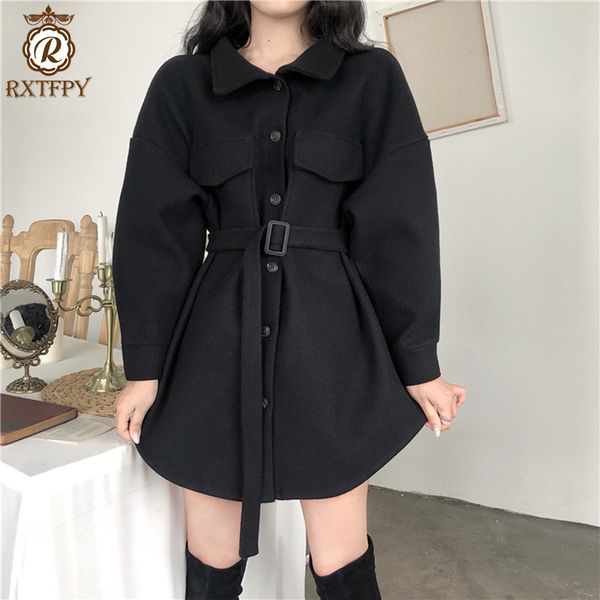

new fashion female spring autumn women adjustable waist pockets turn-down collar pearls loose coat high-quality woolen coat a, Black