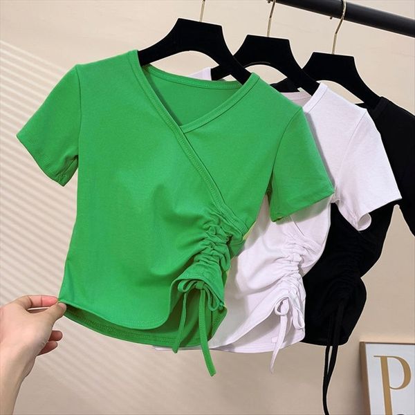 

cotton solid color women's short-sleeved summer dress ins high waist short navel clothes slim slim v-neck base t-shirt cotton t-shirt s, White