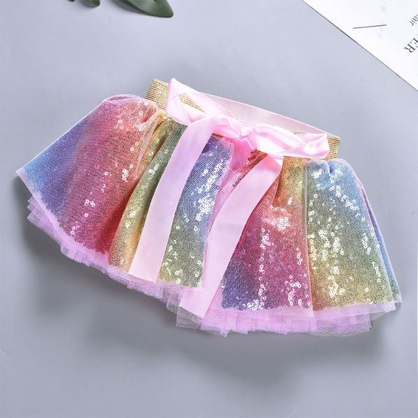 

baby girls birthday party ribbon bowknot costume princess rainbow glitter sequins layered pleated tulle ballet tutu skirt 0-8t