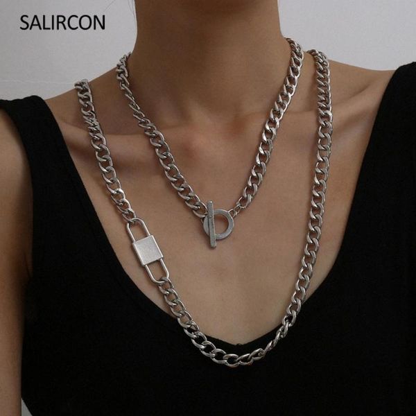 

salircon punk couple lock necklaces for women men vintage multi layer cuban link chain choker necklace silver color jewelry gift