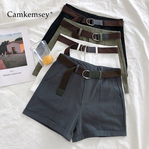 

camkemsey summer shorts women 2019 korean casual high waist classic cuffed cargo shorts with sashes 5 colors, White;black