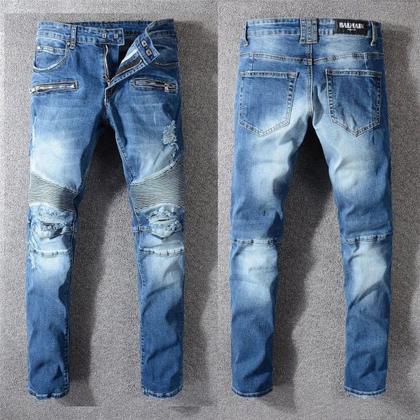 

2019 designer mens distressed ripped biker jeans slim fit mens brand denim pants fashion casual designer hip hop mens jeans, Blue