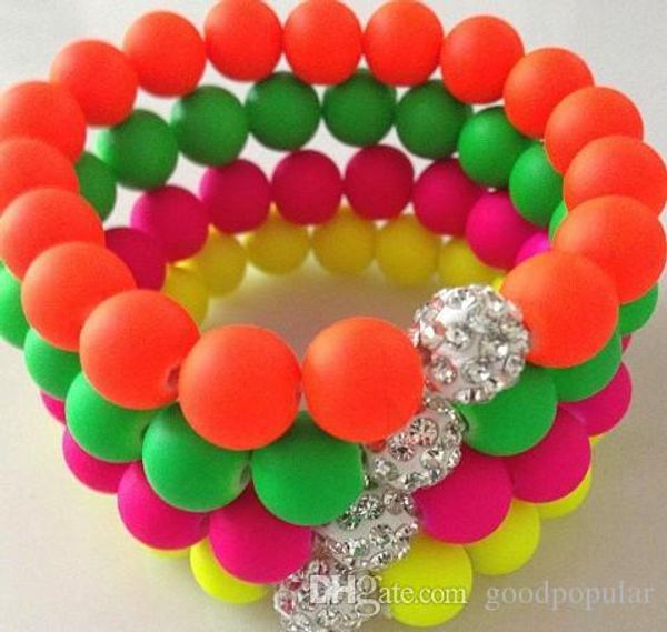 

10mm neon bracelet fluorescence color beads disco ball stand stretch crystal bracelets handcraft women jewelry gift w93, Black