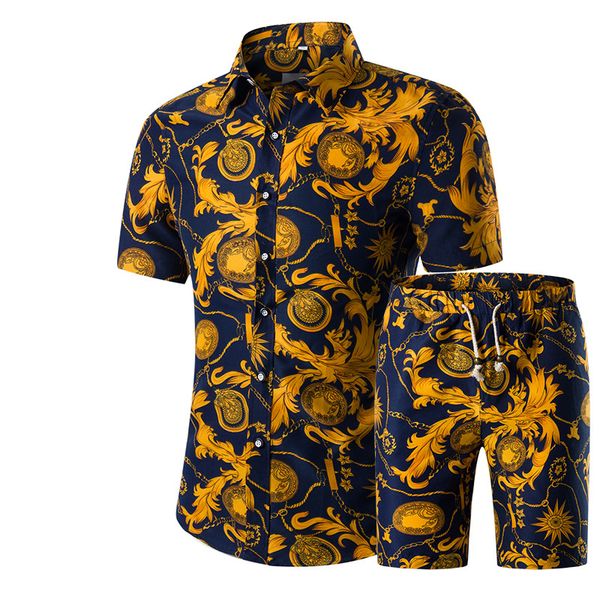 

designer new fashion men shirts shorts set summer casual printed shirt homme short male printing dress suit sets plus size 5xl, Gray