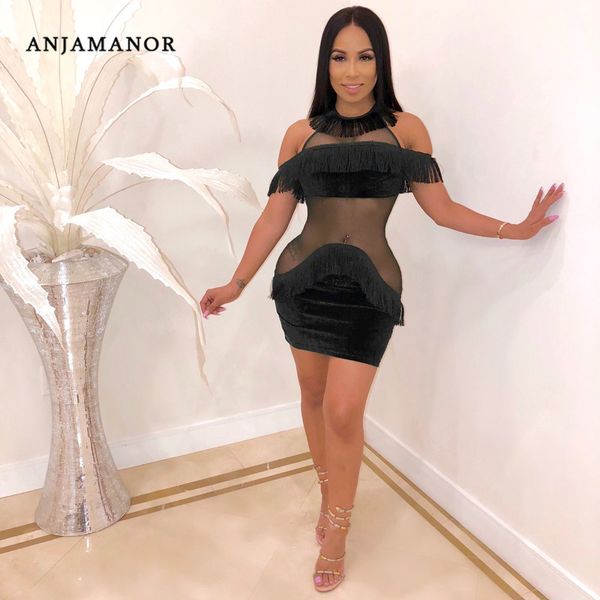 

anjamanor tassel mesh velvet bodycon bandage summer dress 2019 sheer mini clubwear party dresses women evening d48-aa61, Black;gray