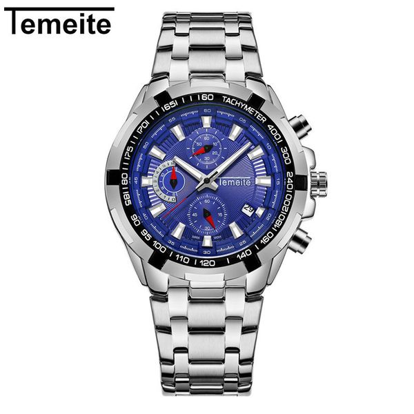 

мужская мода спорт кварцевые часы мужские часы хронограф бренд temeite роскошные стальные бизнес водонепроницаемые часы relogio masculino, Slivery;brown