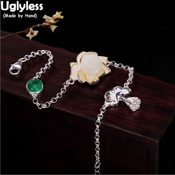 

uglyless 100% real 925 sterling silver handmade lotus bracelets for women nature jade flower bracelet charms bijoux fine jewelry, Golden;silver