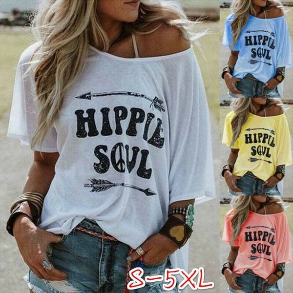 

2020 new womens cold shoulder hippie soul letter printed casual t shirt summer blouse tees, White