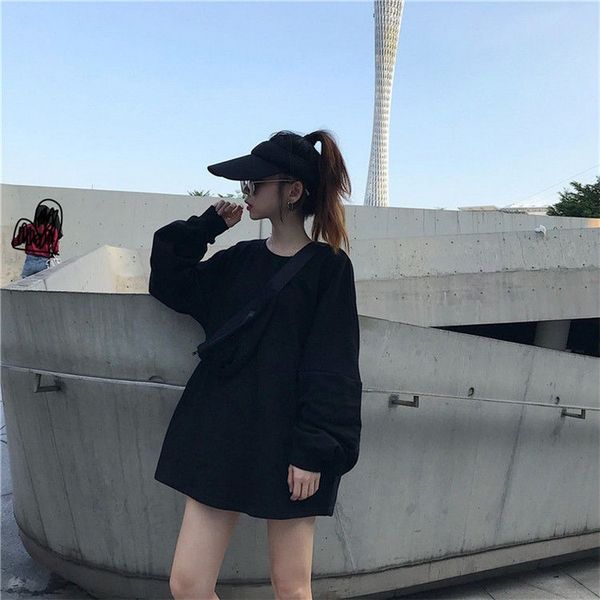 

2020 autumn long loose thin round neck long sleeve fleece hoodies with pockets solid color lantern sleeve plus size casual, Black