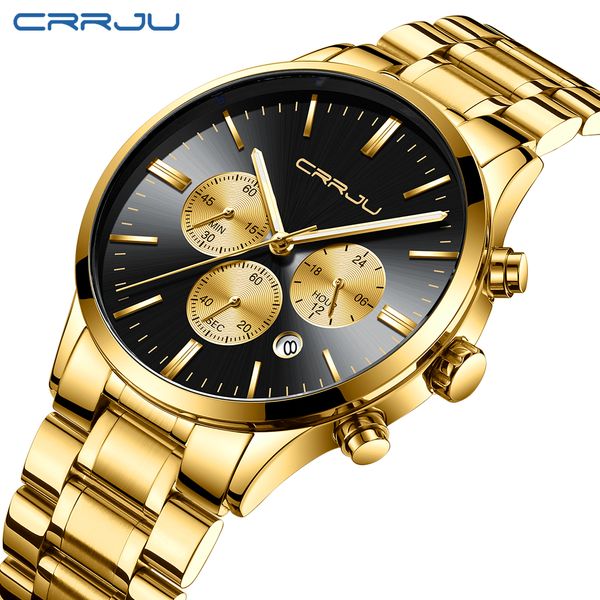 

crrju men stainless steel band watch men's luxury business waterprof quartz wrist watches male date window clock erkek kol saati, Slivery;brown