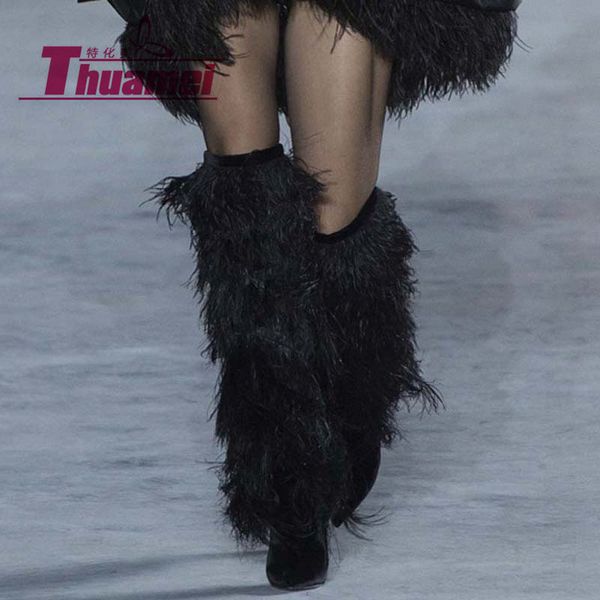 

ostrich hair high heels women knee high boots tassel platform women shoes soild winter autumn #y0306728f, Black