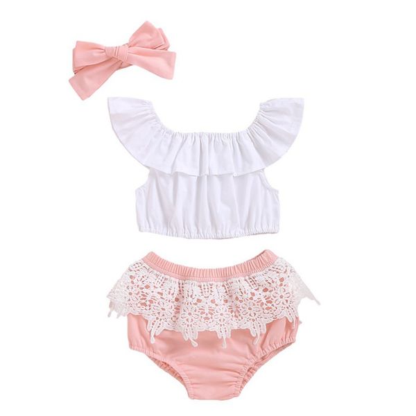 

cute baby girl summer clothes sets kids off shoulder pullover short sleeve headband shorts 3pcs outfit new, White