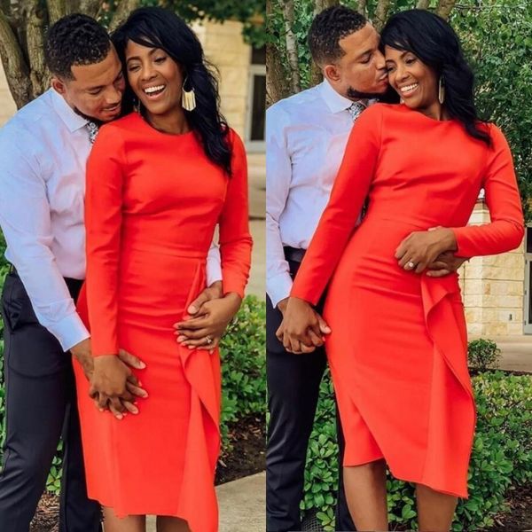 

simple long sleeve knee length sheath cocktail party dresses jewel neck satin short prom dress with ruffles, Black