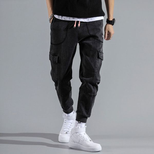 

japanese fashion men jeans black gray loose fit spliced big pocket cargo pants slack bottom hip hop jeans men joggers size 28-42, Blue