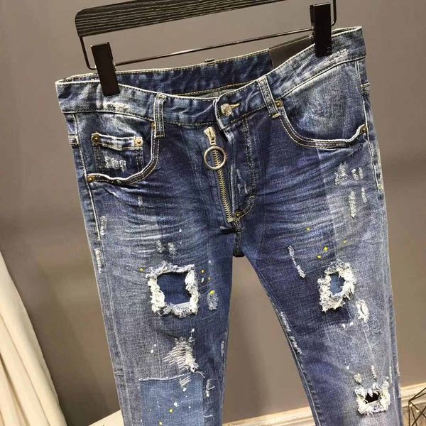 

19aw tide brand mens designer jeans fashion trend brand mens jeans high end classic washed hole comfortable casual plush straight pants, Blue