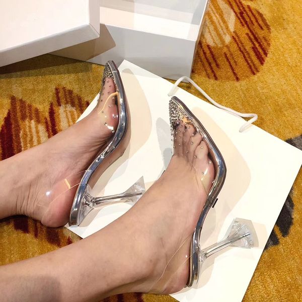 açık kristalin strass noktası ayak parmağı slingback yüksek topuklu ayakkabılar 10cm pvc ücretsiz nakliye gerçek fotoğraf hakiki deri ofis bayan