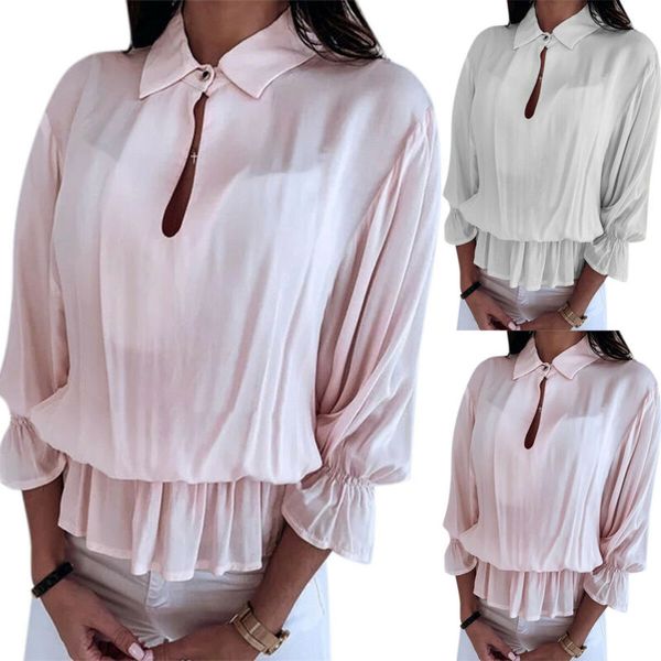 

Women Key Hole T-Shirt Pleated Long Sleeve Summer Holiday Casual Loose Top Tee
