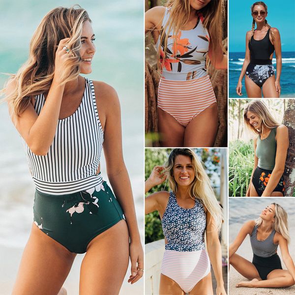 

ins european and american-style bubble spring conservative cover belly swimsuit womens striped printed high waist one-piece swimsui, White;black