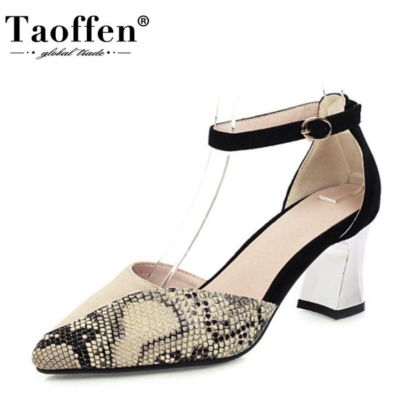 

taoffen plus size 31-48 women sandals fashion snakeskin pattern shoes women square heel ankle strap patchwork casual zapatos, Black