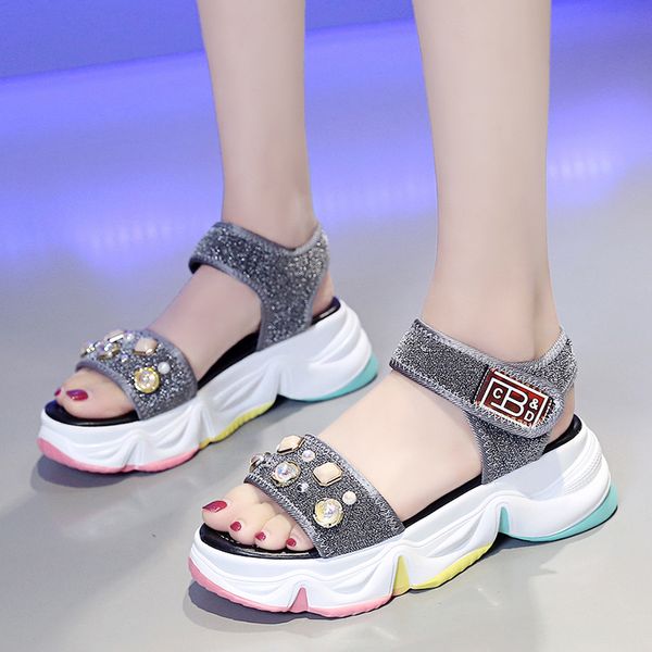

sandals summer rainbow bottom platform women shoes open toe vacation beach sandales woman rhinestone 2021, Black