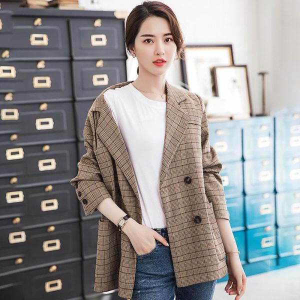 

elegant office ladies plaid blazer jacket women fashion double breasted lattice suit jacket office blazer lady coat, White;black