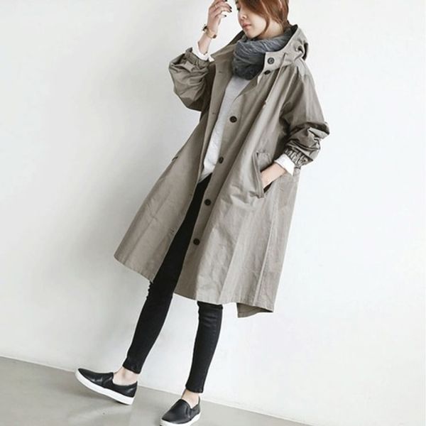 

long and medium length outerwear the new loose british coat windbreaker trenchs female with hooded, Tan;black