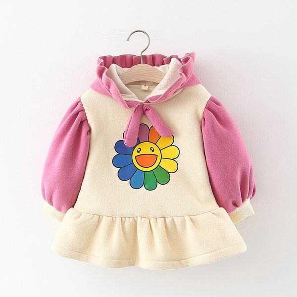 

winter girls dress long sleeve velvet ruffle hooded sunflower 2019 warm baby kids children princess sweatshirt-dresses s10041, Red;yellow