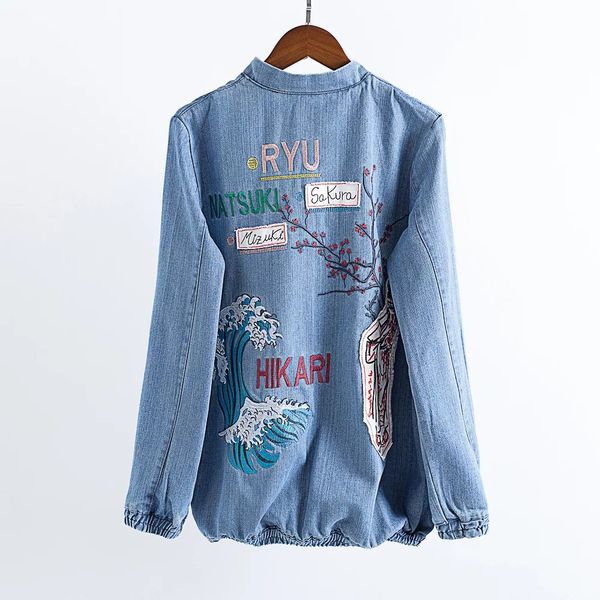 

women japanese style patch denim bomber jacket coat long sleeve pockets casual outwear casual coats ladies punk outwear capa, Black;brown