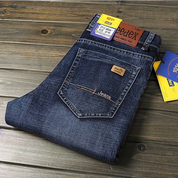 

mens designer thick business straight jeans elastic loose, Blue