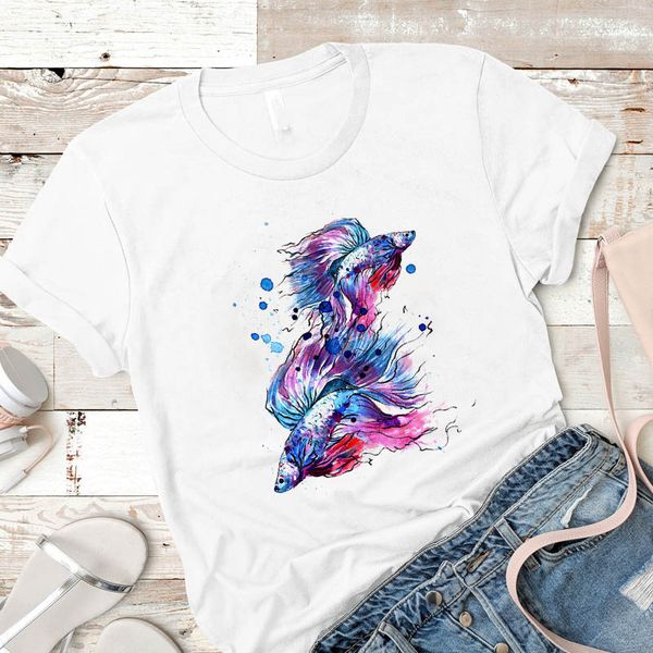 

women shirt womens cartoon paint fish summer casual short sleeve female tshirt tees printed graphic clothes t-shirt, White