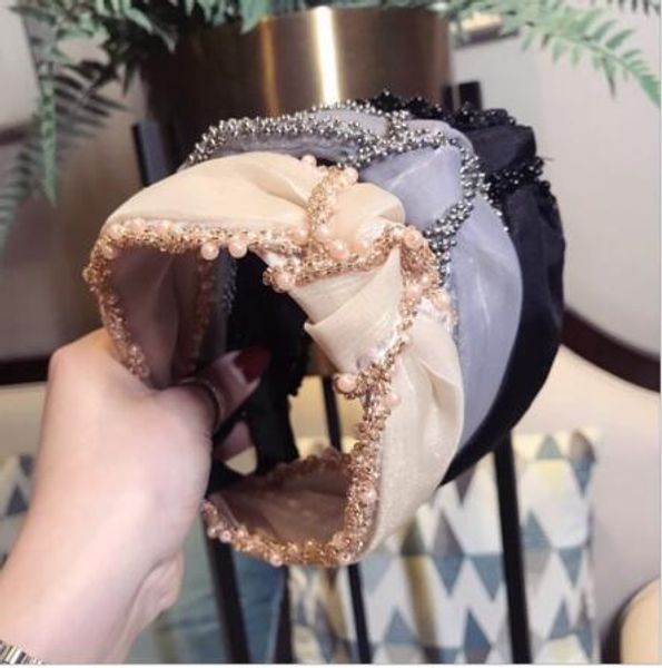 

high-end luxury hair accessories women's beaded mesh mesh headband middle knot wide-brimmed headband hair band fashion headwear gb1072, Silver