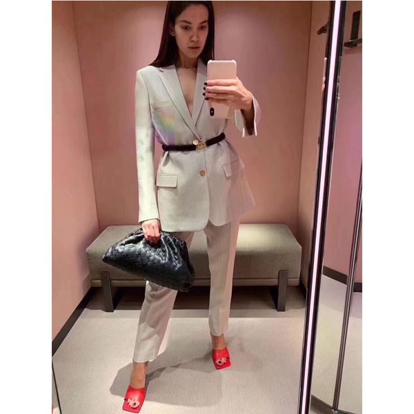 

2019 autumn and winter new clothing female beige belt blazer casual temperament wild woman suit wool, White;black