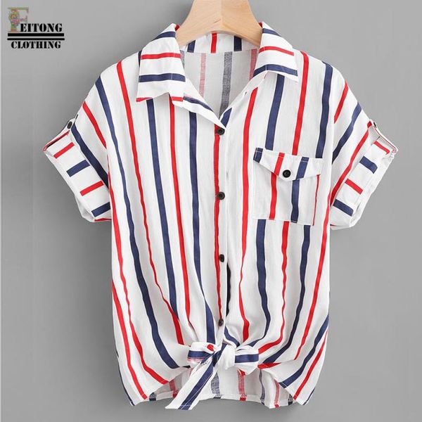 

blusas mujer de moda 2019 women's blouse button pocket stripe short sleeve shirt womens and blouses women kimono, White