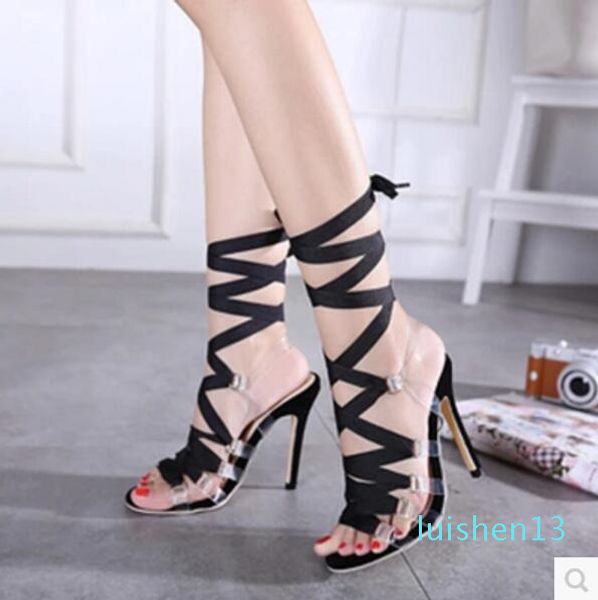 

2017 women pvc gladiator sandals thin heel summer lace up sandals party shoes pvc l13, Black