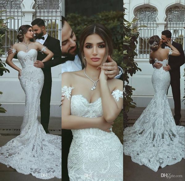 

new middle east luxury mermaid wedding dresses sweetheart lace appliques beaded see through open back court train bridal gowns plus size, White